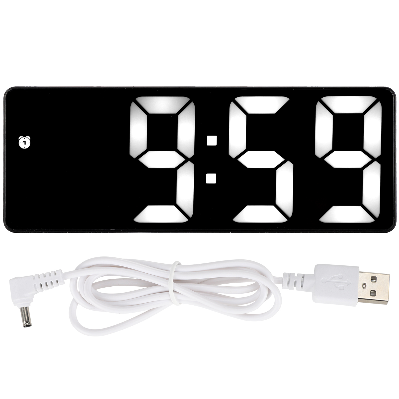 Schwarzer Rechteckiger Led-spiegelwecker Mit Usb-aufladbarer Digitaluhr Und Weißem Licht