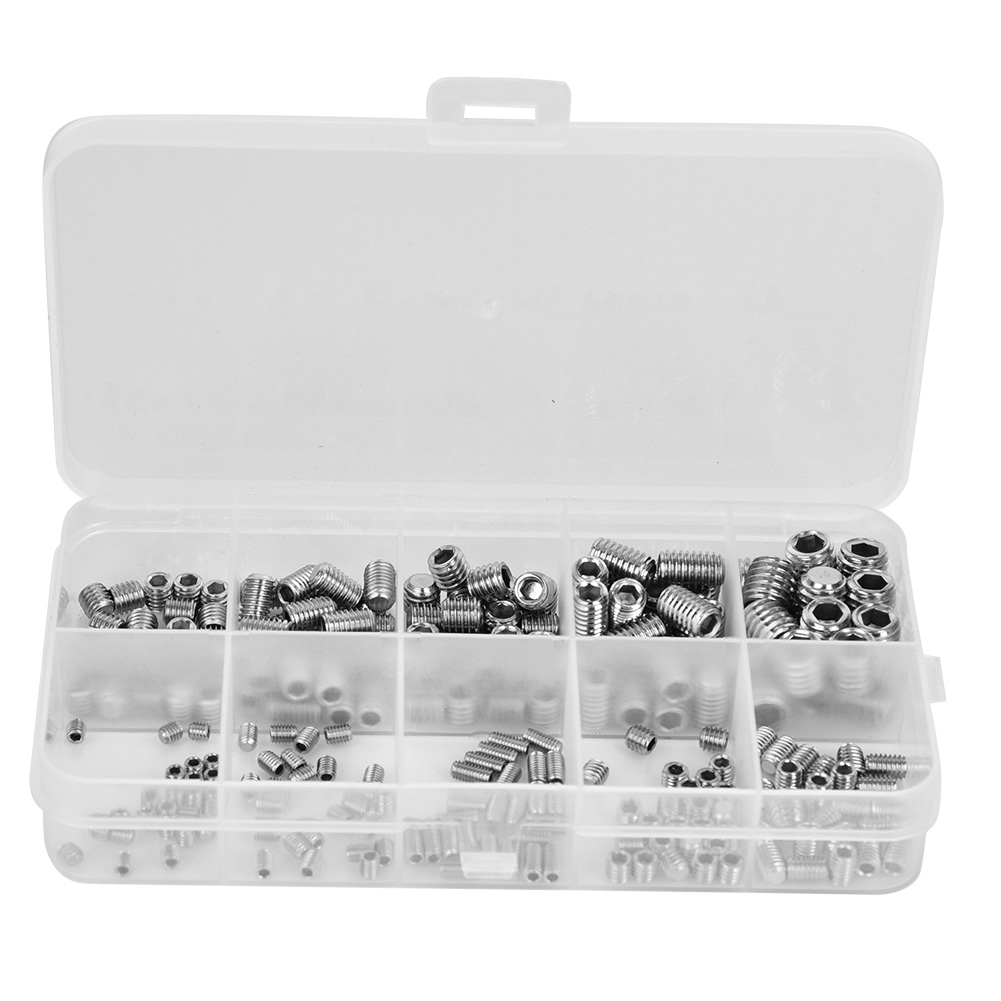 Set Mit 245 Kopflosen Edelstahlschrauben Mit Sechskantaufnahme Und Konkaver Spitze Für Robuste Befestigungen.