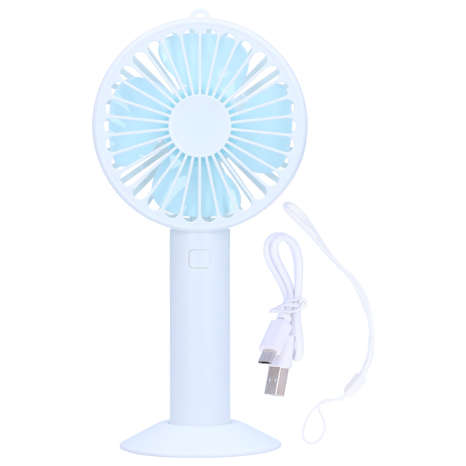 Wiederaufladbarer Usb-handventilator Mit 4 Flügeln, 3 Geschwindigkeitsstufen Und Standfuß – Weiß