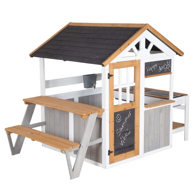 roba® Spielhaus aus Holz - Inkl. Spielküche mit Kochfeldern + Picknick-Tisch & Bank, Wetterfestes Kinderspielhaus für den Garten mit Verkaufsstand aus Holz