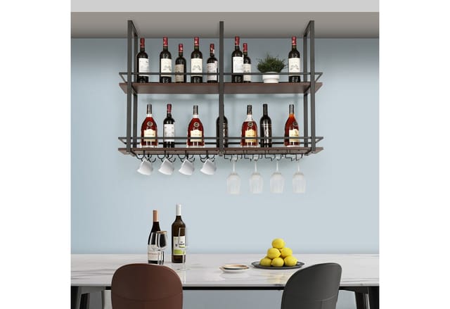 en.casa Weinregal, »Hubro« mit Glashalterung 120 x 30 x 85 cm Schwarz/Walnussoptik