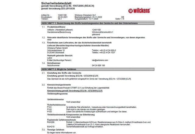 Wilckens Farben Holzlack Weisslack 2in1 Glänzend 0,75 LTR