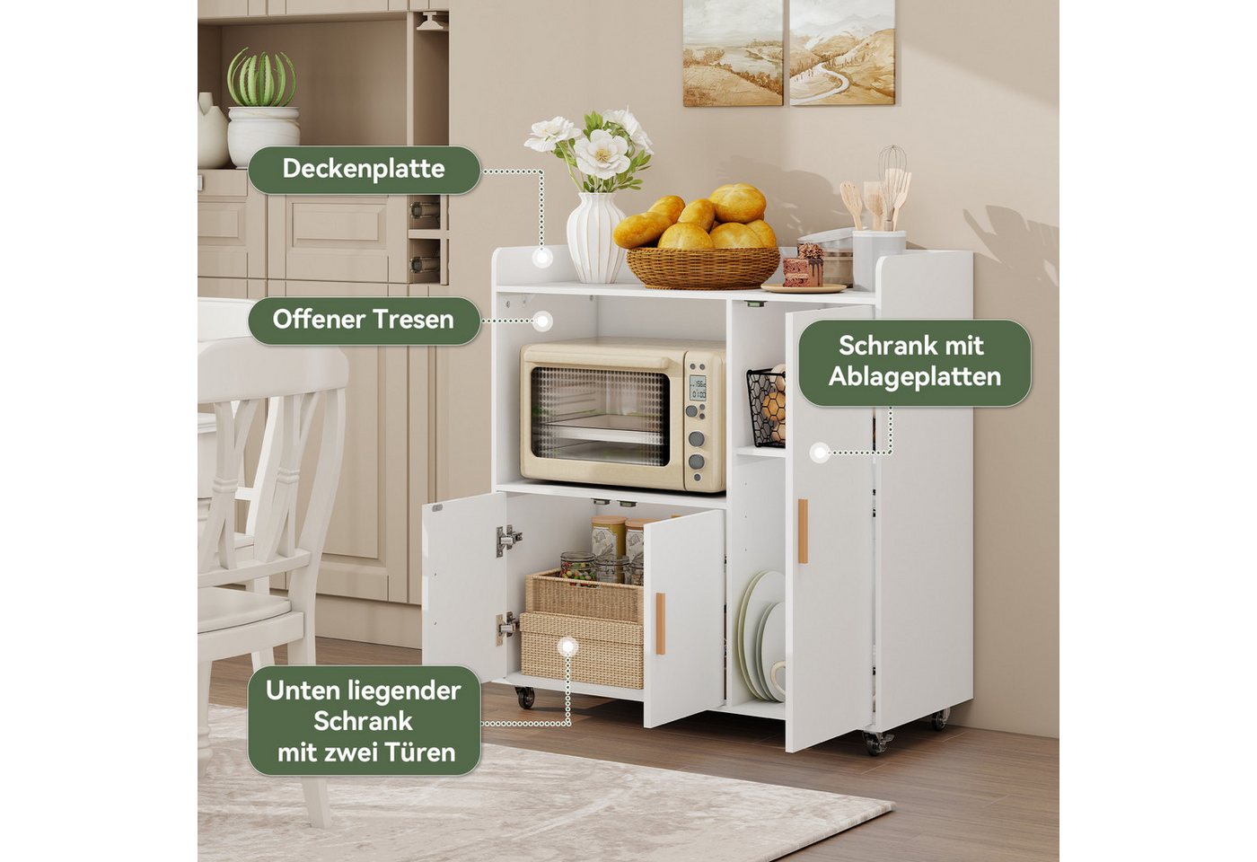 Puluomis Küchenwagen Servierwagen Buffet mit Mikrowellenablage, Rollen mit Bremsen 90x40x97, Küchentrolley Küchekommode Küchenschrank Sideboard Bild 2