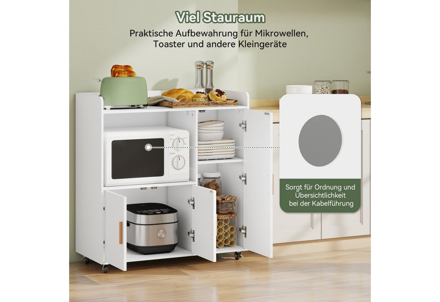 Puluomis Küchenwagen Servierwagen Buffet mit Mikrowellenablage, Rollen mit Bremsen 90x40x97, Küchentrolley Küchekommode Küchenschrank Sideboard Bild 3