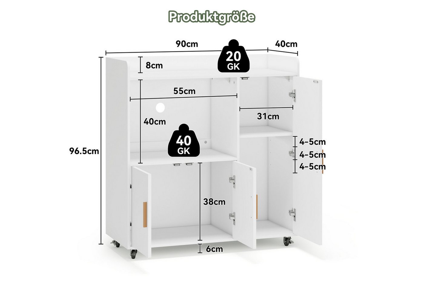 Puluomis Küchenwagen Servierwagen Buffet mit Mikrowellenablage, Rollen mit Bremsen 90x40x97, Küchentrolley Küchekommode Küchenschrank Sideboard Bild 4