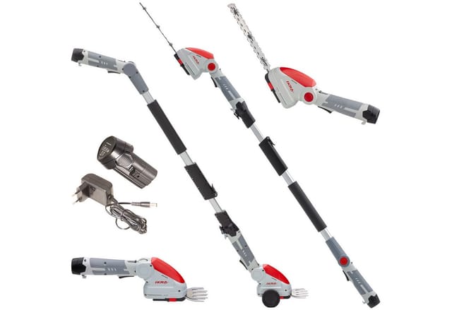 ikra GmbH Akku-Gras- und Strauchscherenset IGBS 1210, (mit Akku, Ladegerät & Fahrstock), 12 V - Klicksystem, inkl. Fahrstock, Messer "Made in Germany