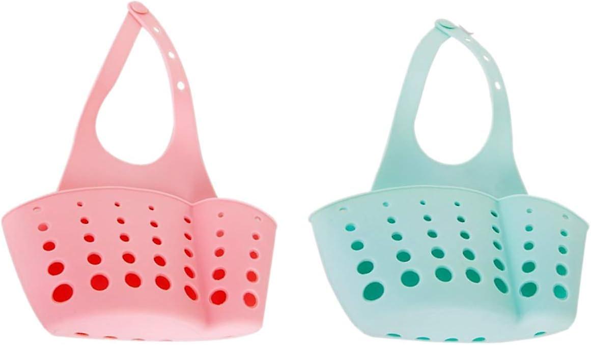 Set Mit 2 Verstellbaren Hängeschwammhaltern Mit Seifenaufbewahrungskorb Für Die Küchenspüle – Rosa Und Blau
