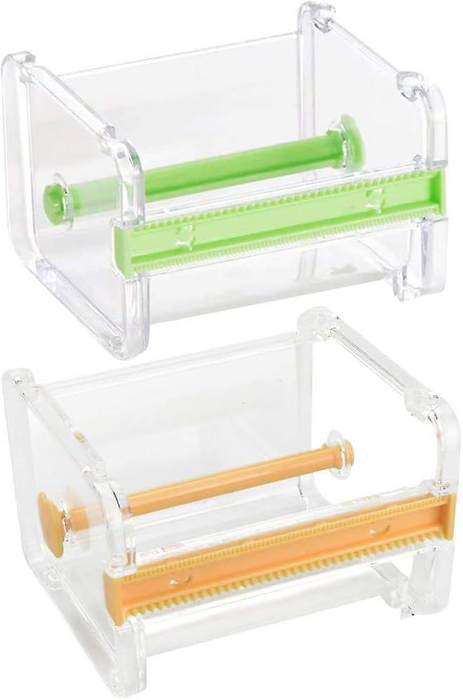 Set Mit 2 Transparenten, Grün-gelben Klebebandabrollern Für Büro, Zuhause Und Schule – Inklusive Klebebandabroller Und Klebebandschneider Mit Aufbewahrungsbox – 10,3 X 9,1 X 7,1 Cm