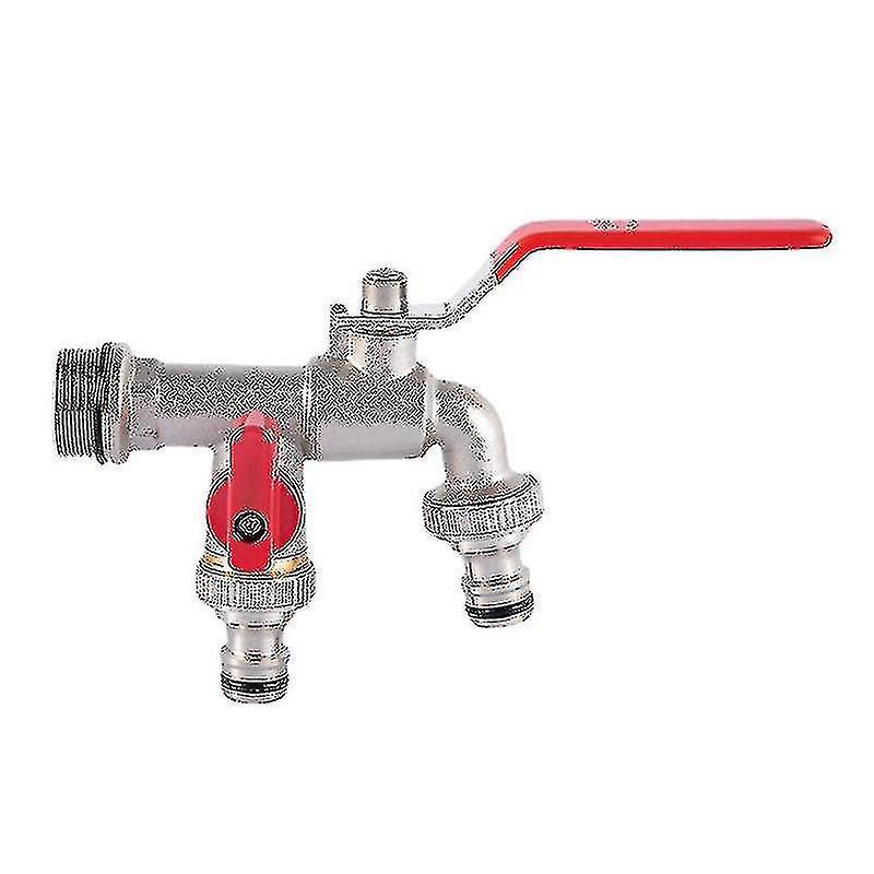 Gartenwasserhahn Mit Zwei Auslässen (1/2" / 3/4"), Aus Frostbeständigem Messing, Für Den Anschluss Von Gartenschlauch Und Wassertank, Rot