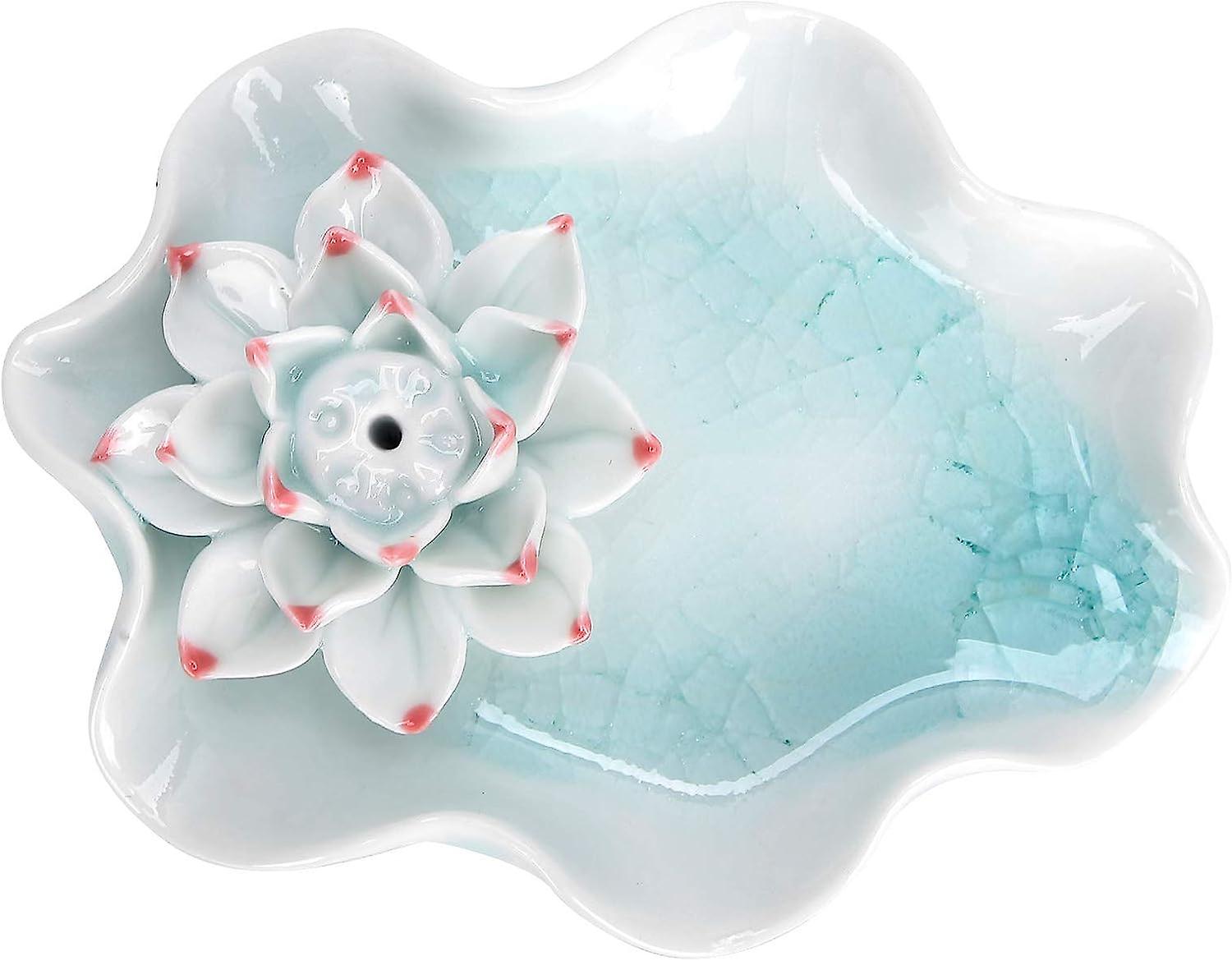 Keramischer Räucherstäbchenhalter In Form Einer Lotusblume, Verziert Mit Einem Krakelierten Blumenmuster – Hellblau