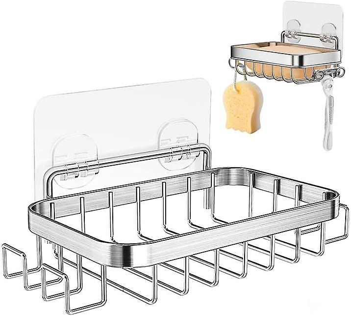 Selbstklebende Seifenschale Zur Wandmontage Mit 4 Haken, Quadratischer Seifenhalter Aus Edelstahl Für Die Dusche, Selbstklebender Schwammhalter Aus Edelstahl (ohne Bohren)