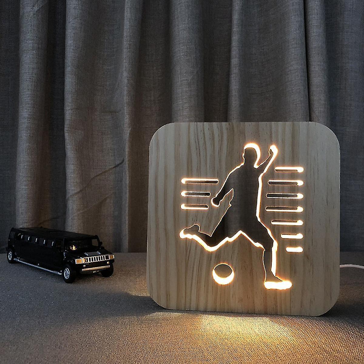 Nachtlichtbirne Mit Fußballmotiv, 3d-holzlampe, Schlichte Dekolampe, 3d-holzschnitzmuster, Led-nachtlicht Für Den Schreibtisch