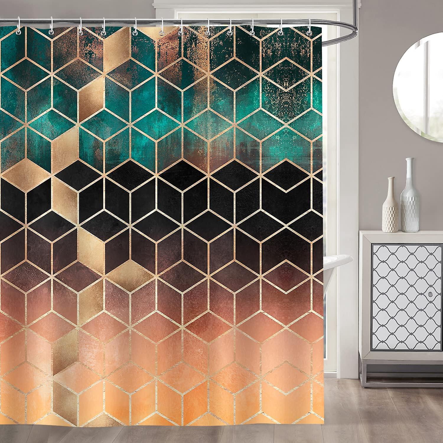 Geometrischer Duschvorhang Mit Grüner Marmoroptik – 180 X 180 Cm – Polyestergewebe – Schimmelresistent – Wasserdicht – Waschbar – Inklusive 12 Haken