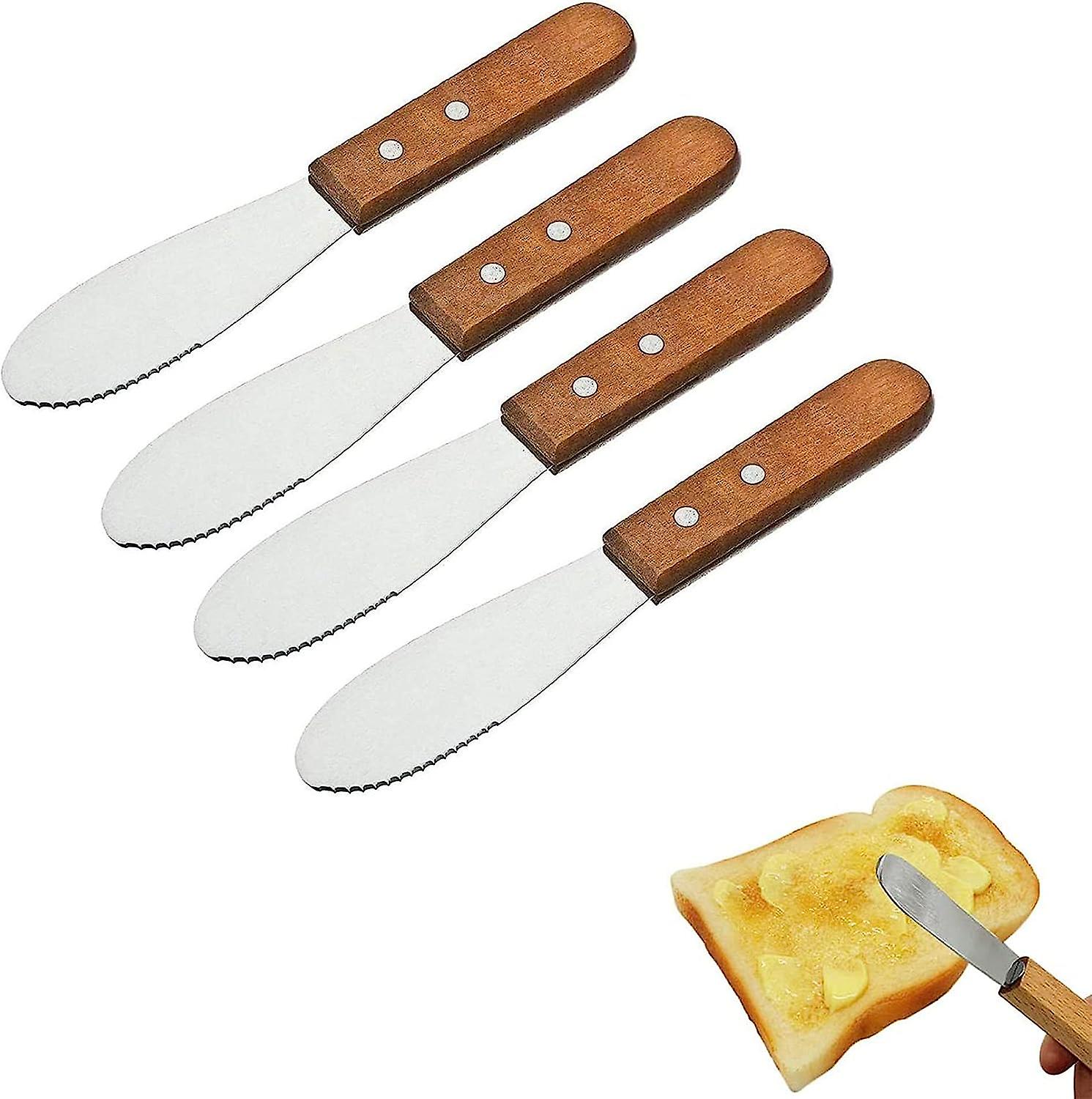 4-teiliges Edelstahl-set: Butterstreicher Mit Breiter, Gerader Klinge Und Messer Mit Holzgriff.