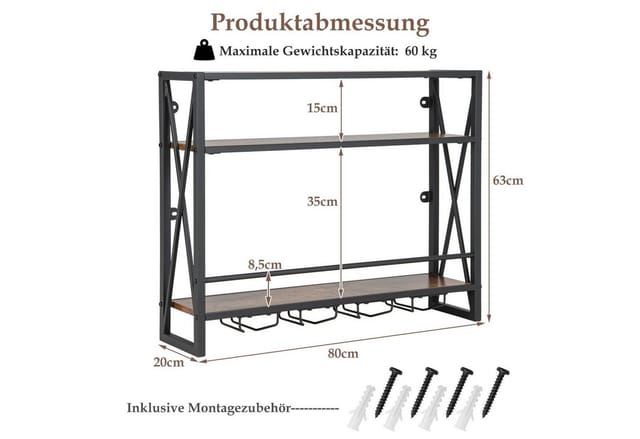 COSTWAY Weinregal, Wand, Holz mit Metallrahmen, Gläserhalter, 80x20x63cm