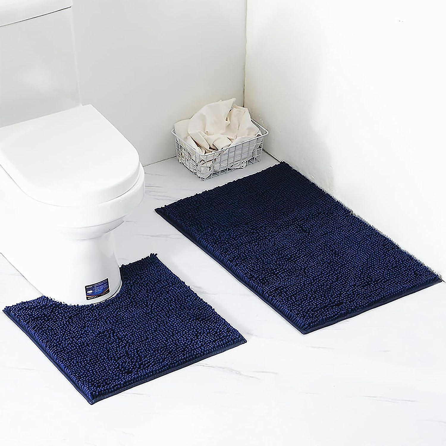 Set Aus 2 Weichen Chenille-bade- Und Toilettenmatten, Rutschfest, Saugfähig Und Maschinenwaschbar, Marineblau.