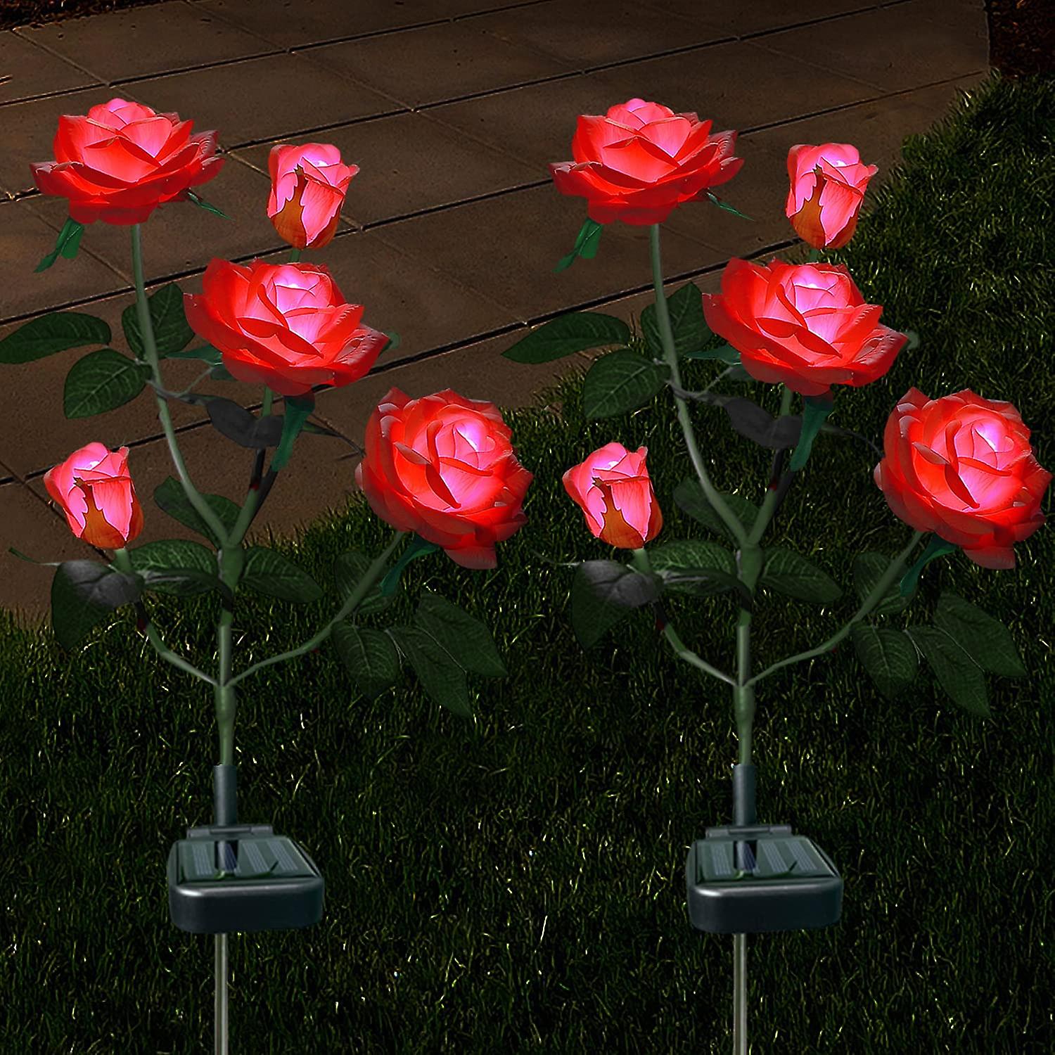 Set Mit 2 Roten, Solarbetriebenen Rosen, Regenfest, Zur Dekoration Von Garten, Hof, Terrasse Und Gehwegen