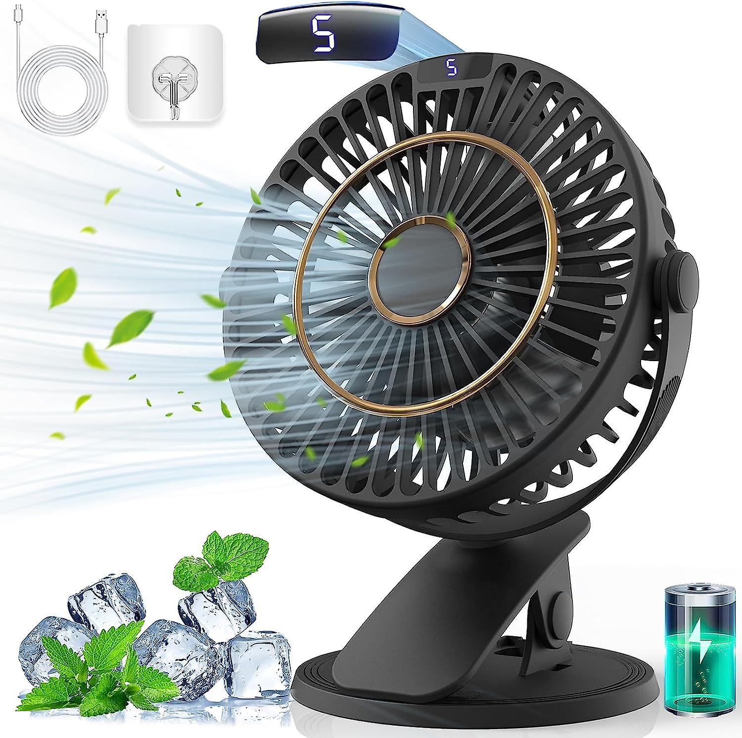 Mini-tischventilator Mit Usb-anschluss, Wiederaufladbar, Schwarz, Mit Lcd-display, 5 Geschwindigkeitsstufen, 720°-drehung – Tragbarer Und Leiser Tischventilator Für Büro, Zuhause Und Camping