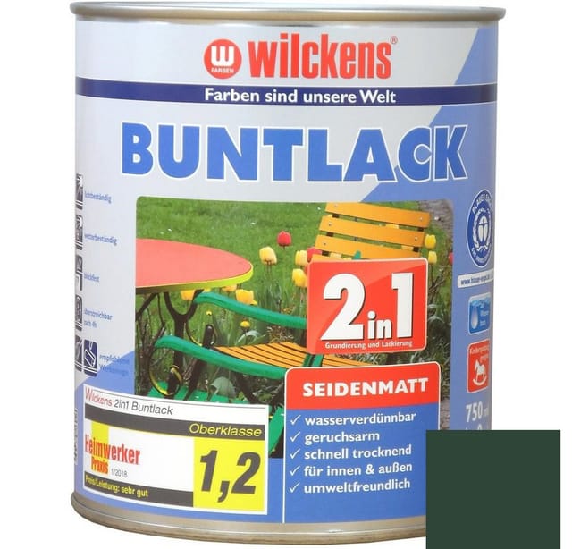 Wilckens Farben Acryl-Buntlack Buntlack 2in1 Lack, seidenmatt, Moosgrün (RAL 6005), 750 ml