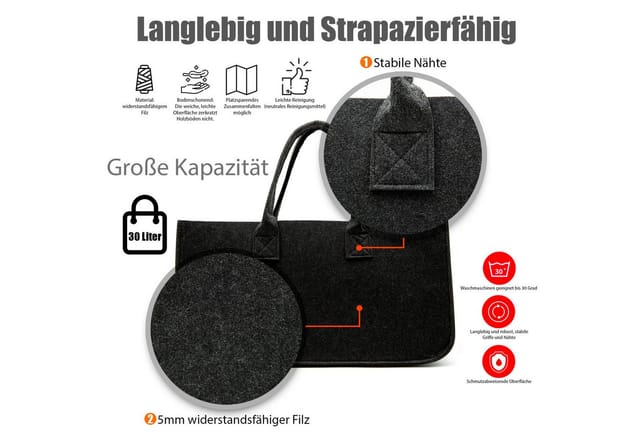BigDean Aufbewahrungstasche 2x Filztasche in Anthrazit für Kaminholz oder als Shopper verwendbar (Set, 2-tlg., Tasche/n), Faltbare, Wiederverwendbare, Ökologische Filztasche