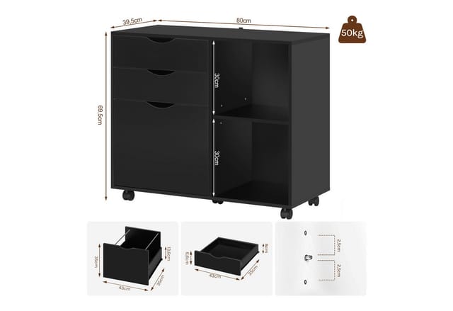 Woltu Rollcontainer, Aktenschrank mit 3 Schubladen, 5 Rollen, Büroschrank