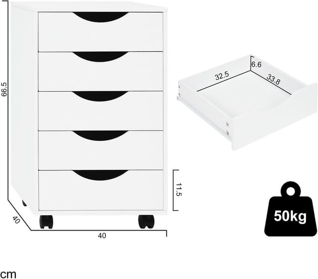 Woltu Rollcontainer, mobiler Aktenschrank mit 5 Schubladen, mit Rollen, 40x66,5x40 cm