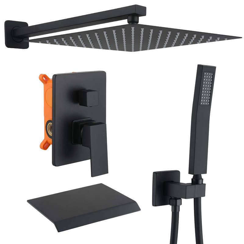 Unterputz Duschsystem Schwarz Mit 30x30 Cm Regendusche Handbrause Wasserfall Badewannenarmatur Einbau Duschset Für Badezimmer