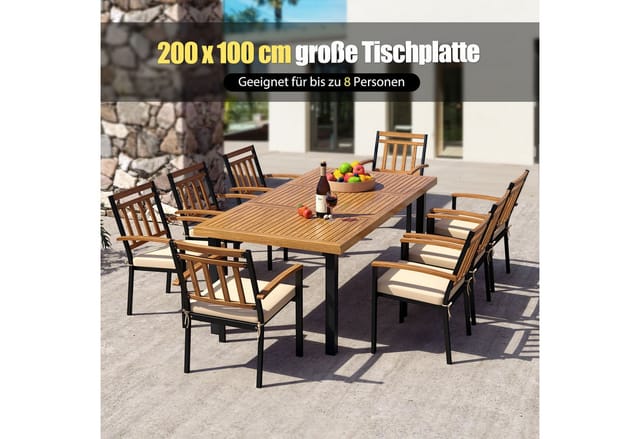 COSTWAY Gartentisch mit 5cm Schirmloch, rechteckig 200cm, Akazie, Esstisch für 8 Personen