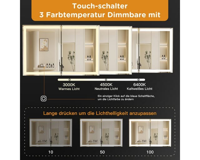 Gunuss Badezimmerspiegelschrank Hängeschrank mit LED Beleuchtung 80 Lx 60 H x 14,8 B cm (LED, mit Touch und Steckdose, hochwertigem Alu) Badezimmer Medizin Kabinett mit Defog, Stufenloses Dimmen, Steckdosen