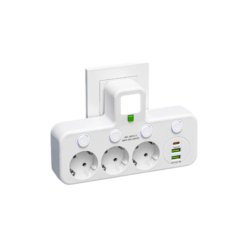 Multiprise Murale 6 In 1: Block 3 Preise In Französischer Sprache + 2 Usb-anschlüsse (1 Typ C) + Led-lampe, Multiprise Électrique Avec Interrupteur