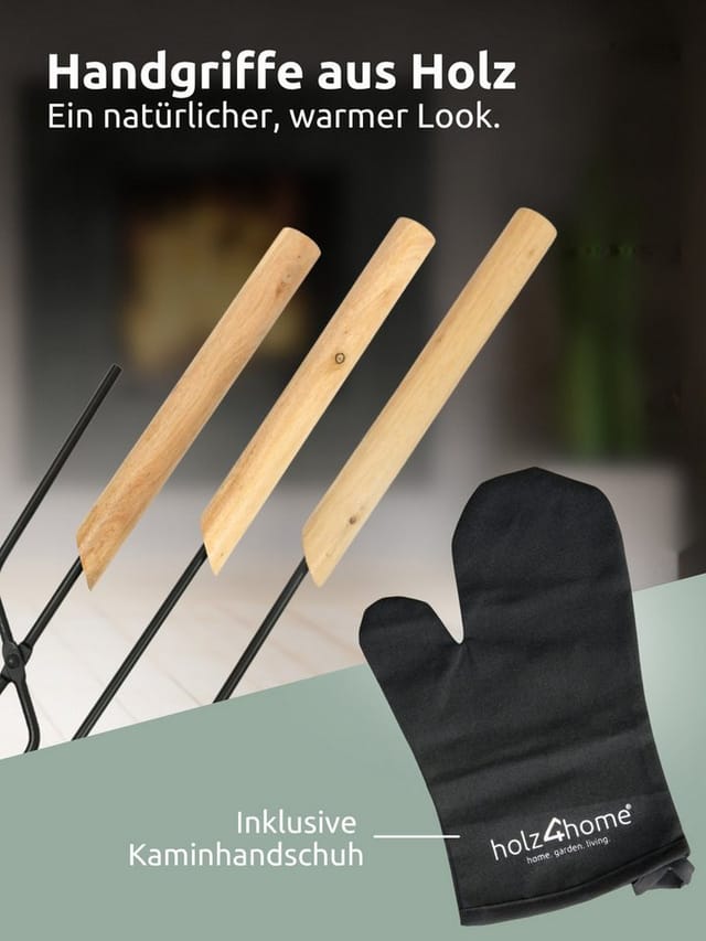holz4home® Kamingarnitur Kaminbesteck 6-tlg. Schwarz mit Holzgriff inkl. Ofenhandschuh, (6. tlg), Komplettset