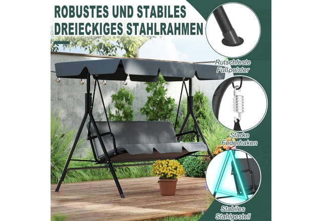 FIVMEN Hollywoodschaukel Gartenschaukel 3-Sitzer Gartenliege Schaukelbank Garten Schaukel, 176x110x152cm, Metall Hängeschaukel mit Verstellbarem Sonnendach Liegefunktion