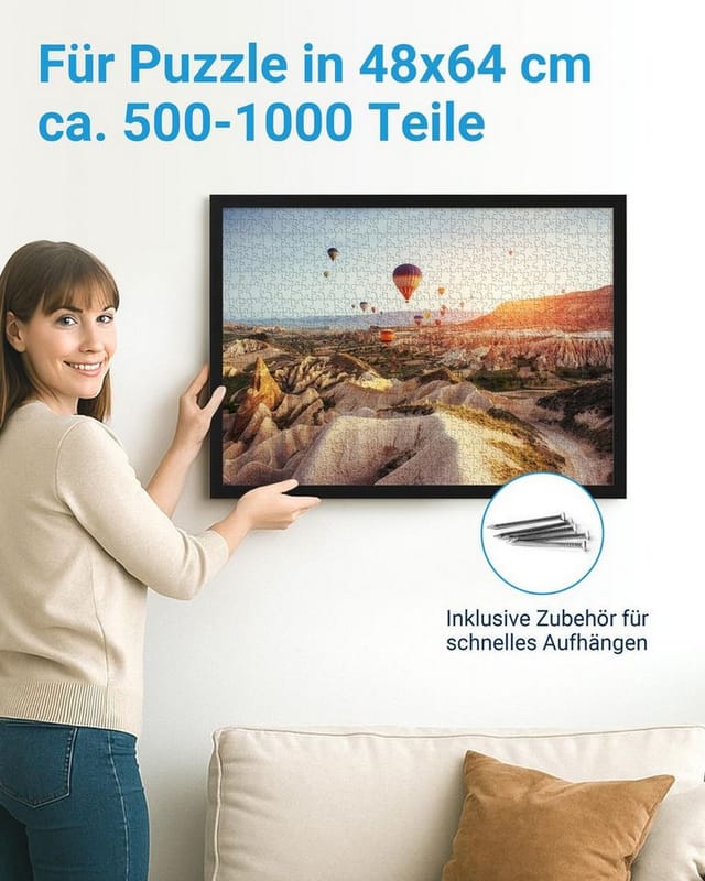 PHOTOLINI Bilderrahmen für Puzzle, Puzzlerahmen mit Acrylglas zum Aufhängen, für 1 Bilder (1 Einzelrahmen), 1000 Teile im Endformat 48x64 cm