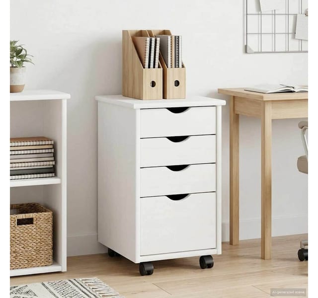 vidaXL Rollcontainer Rollschrank Mit Rad Weiß 34 x 39 x 56 cm Massives Kiefernholz, (1 St)