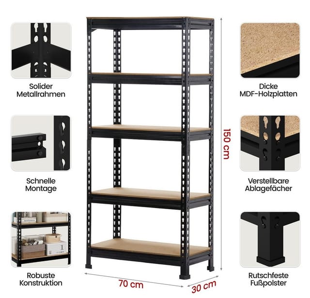 Yaheetech Standregal 70 cm L × 30 cm B × 150 cm H Schwerlastregal, 2-tlg., 2-er Kellerregal mit 5 Verstellbaren Ablagen