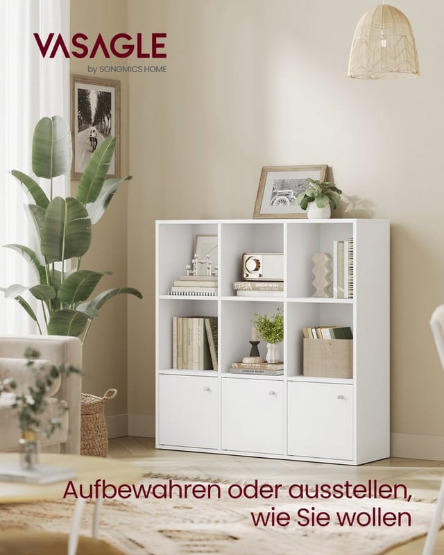 VASAGLE Bücherregal, Bücherschrank, Büro, mit 3 Türen, weiß
