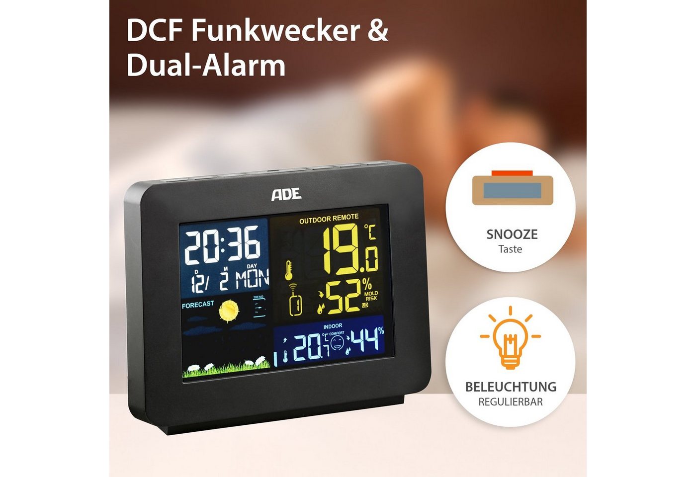 ADE Wetterstation Funk mit Außensensor, mit Vorhersage Funkwetterstation (mit Außensensor, mit animierter Wettervorhersage, Innen- und Außenhygrometer)