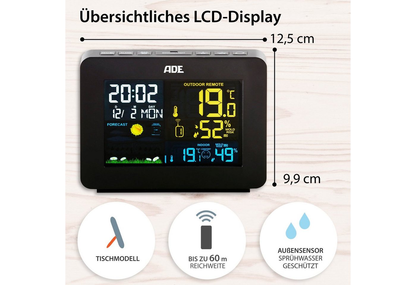 ADE Wetterstation Funk mit Außensensor, mit Vorhersage Funkwetterstation (mit Außensensor, mit animierter Wettervorhersage, Innen- und Außenhygrometer) Bild 5