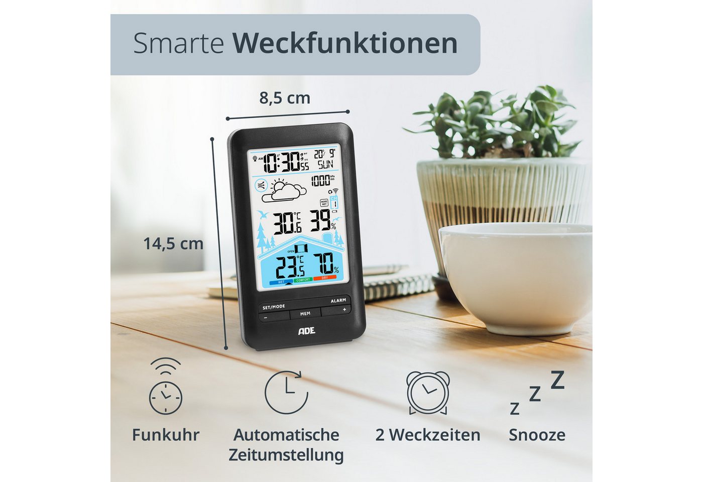 ADE Wetterstation mit Vorhersage und Lüftungsempfehlung Funkwetterstation (mit Außensensor, animierte Wettervorhersage, Wecker mit 2 Weckzeiten, Kalender) Bild 2