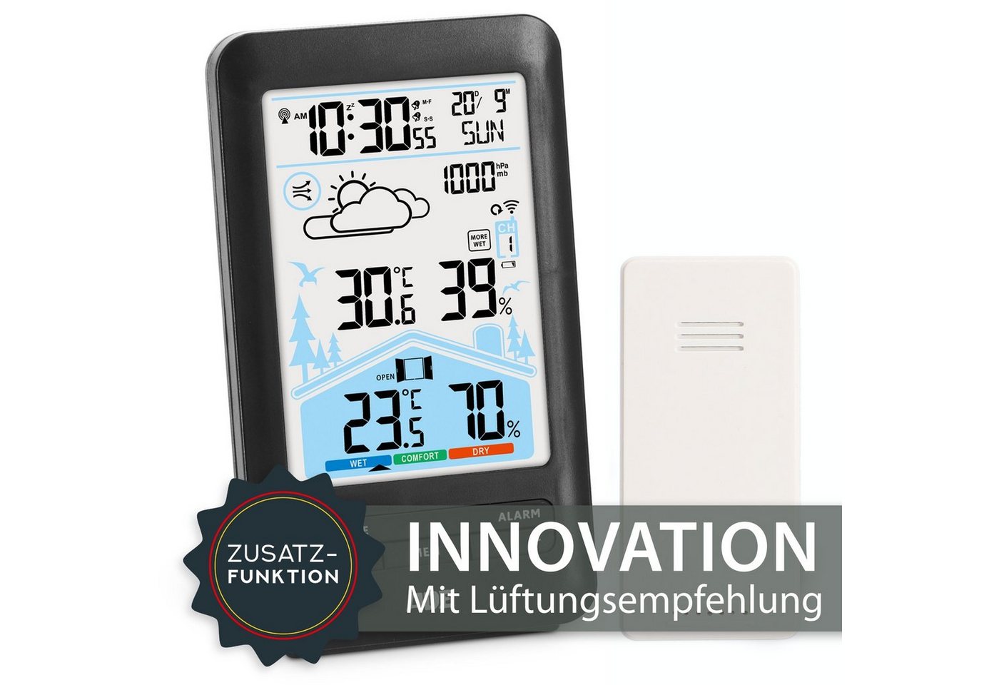 ADE Wetterstation mit Vorhersage und Lüftungsempfehlung Funkwetterstation (mit Außensensor, animierte Wettervorhersage, Wecker mit 2 Weckzeiten, Kalender) Bild 3