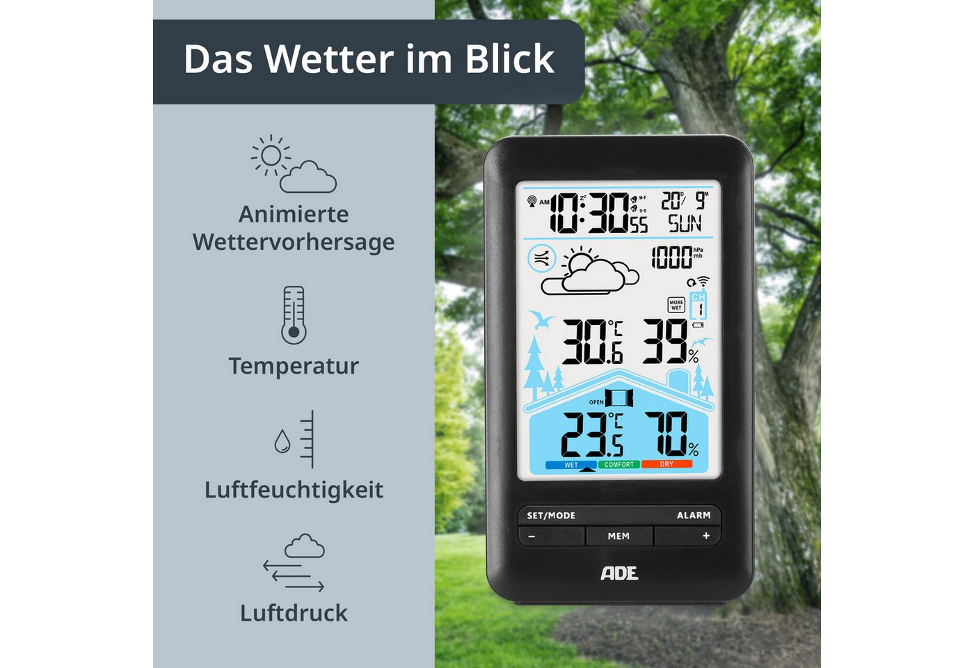 ADE Wetterstation mit Vorhersage und Lüftungsempfehlung Funkwetterstation (mit Außensensor, animierte Wettervorhersage, Wecker mit 2 Weckzeiten, Kalender) Bild 4
