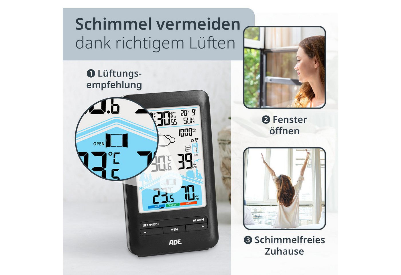 ADE Wetterstation mit Vorhersage und Lüftungsempfehlung Funkwetterstation (mit Außensensor, animierte Wettervorhersage, Wecker mit 2 Weckzeiten, Kalender) Bild 5