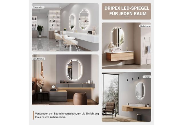 Dripex Badspiegel LED Oval Spiegel, Badezimmerspiegel mit UHR / Bluetooth-Lautsprecher, Wandspiegel mit Beleuchtung, 3 Lichtfarbe, Dimmbar