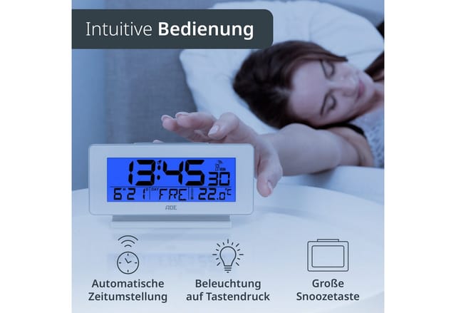 ADE Funktischuhr Digitaler Wecker mit Beleuchtung, ohne Ticken mit Wochentag- und Temperaturanzeige und Weckfunktion, leicht ablesbar