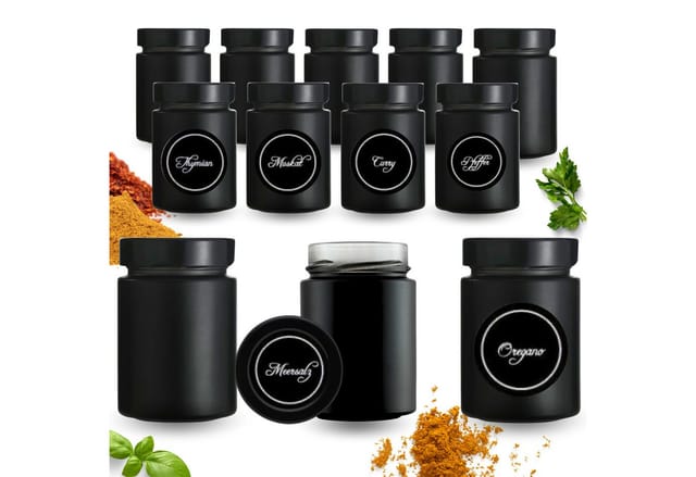 mikken Gewürzbehälter 12 Gewürzgläser 190 ml schwarz mit Deckel und 24 Gewürzetiketten, (12er Set)