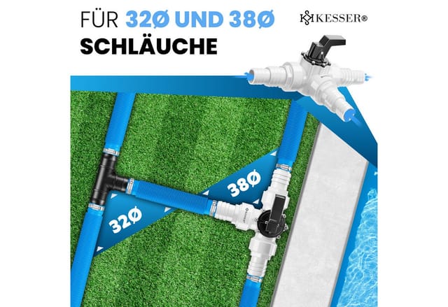 KESSER Poolschlauch mit 6x Edelstahl-Schlauchschellen & 8m Teflon-Dichtband, (12-teilig 3-Wege Ventil Anschluss & ABS-Adapter Ø32 & Ø38mm)