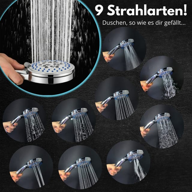 Blumbach Handbrause - Duschkopf Energy Rain, (Hochdruck Duschkopf wassersparend + druckerhöhend), mit 9 außergewöhnlichen Strahlarten