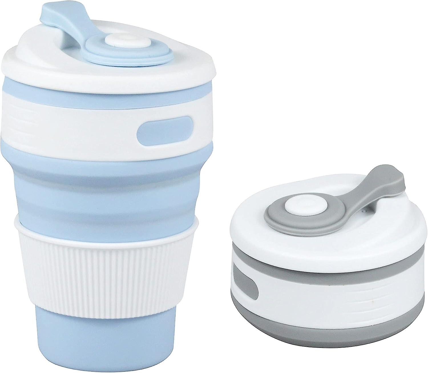 Set Mit 2 Faltbaren Und Wiederverwendbaren Silikon-kaffeebechern (je 350 Ml) – Ideal Für Camping Und Reisen – Grau/blau