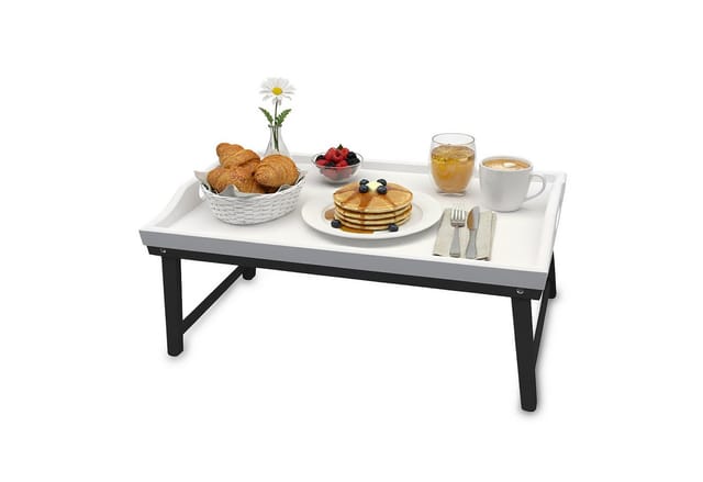 relaxdays Tabletttisch Betttablett aus Bambus, Weiss-grau