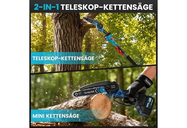 Bundviel Akku-Hochentaster 4-in-1 Bürstenloser Elektro Teleskop Hochentaster Astsäge Gartenschere, bis 235,5 m Arbeitshöhe, mit 2× 4000mAh Akku